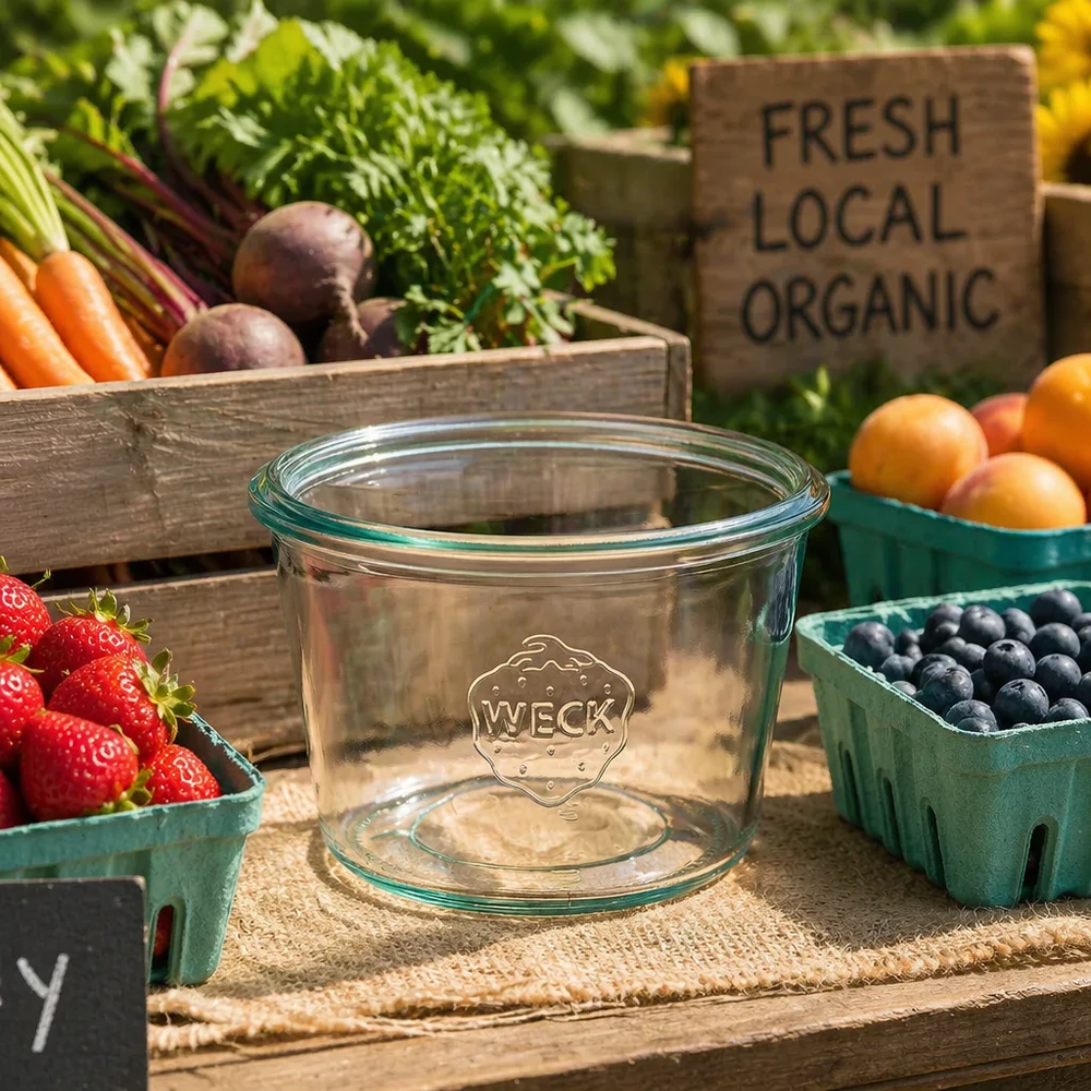 Tarro giratorio de 370ml WECK RR100 Vasos WECK 370ml RR100 sobre una mesa de madera con fruta fresca ecológica fresas arándanos y verduras