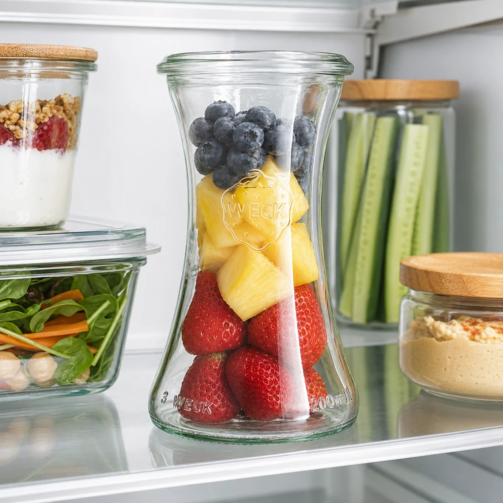 WECK RR60 tarro delicatessen 200ml con fruta fresca en la nevera junto a tarros Meal-Prep con ensalada