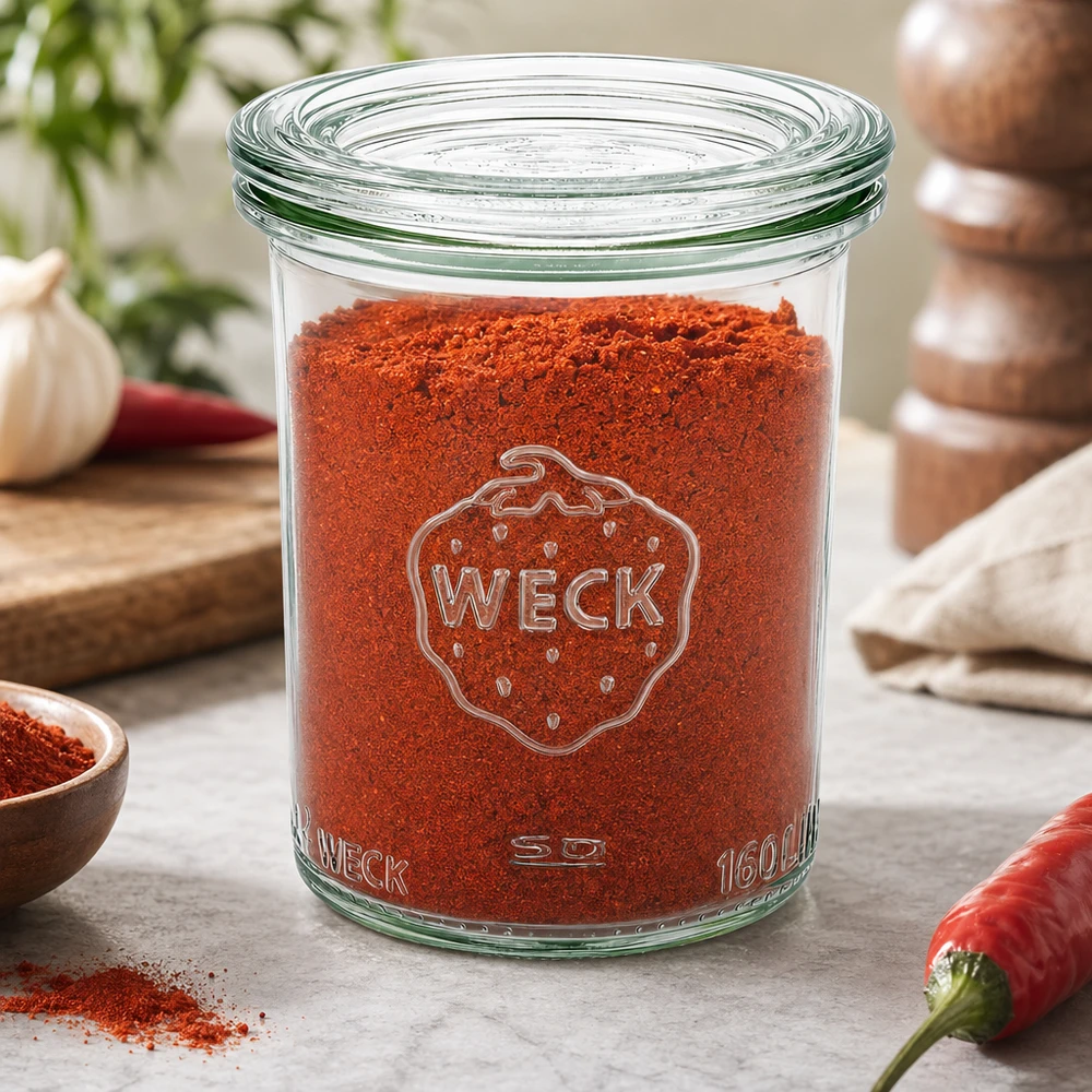 Tarro de cristal de 160 ml con tapa de cristal WECK RR60 WECK 160ml RR60 tarro lleno de pimentón rojo en polvo en la cocina con chile, ajo y molinillo de especias