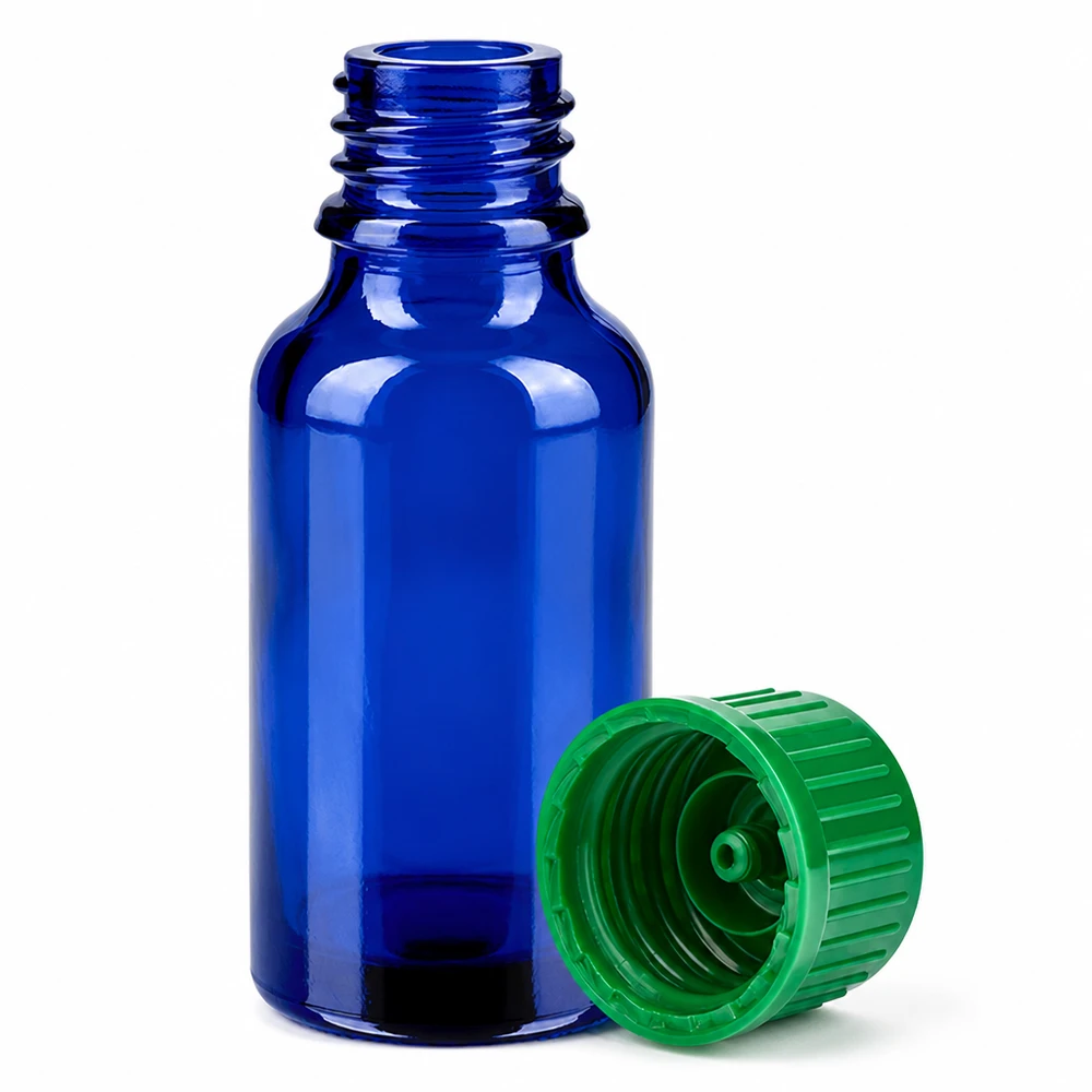 Frasco pequeño de laboratorio de 20 ml de vidrio azul con tapón verde de rosca estándar de 11 mm BlueLine
