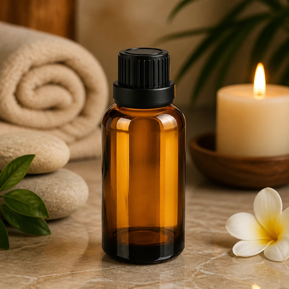Pequeño frasco cuentagotas de 30 ml en vidrio ámbar con tapón negro para el bienestar y la relajación