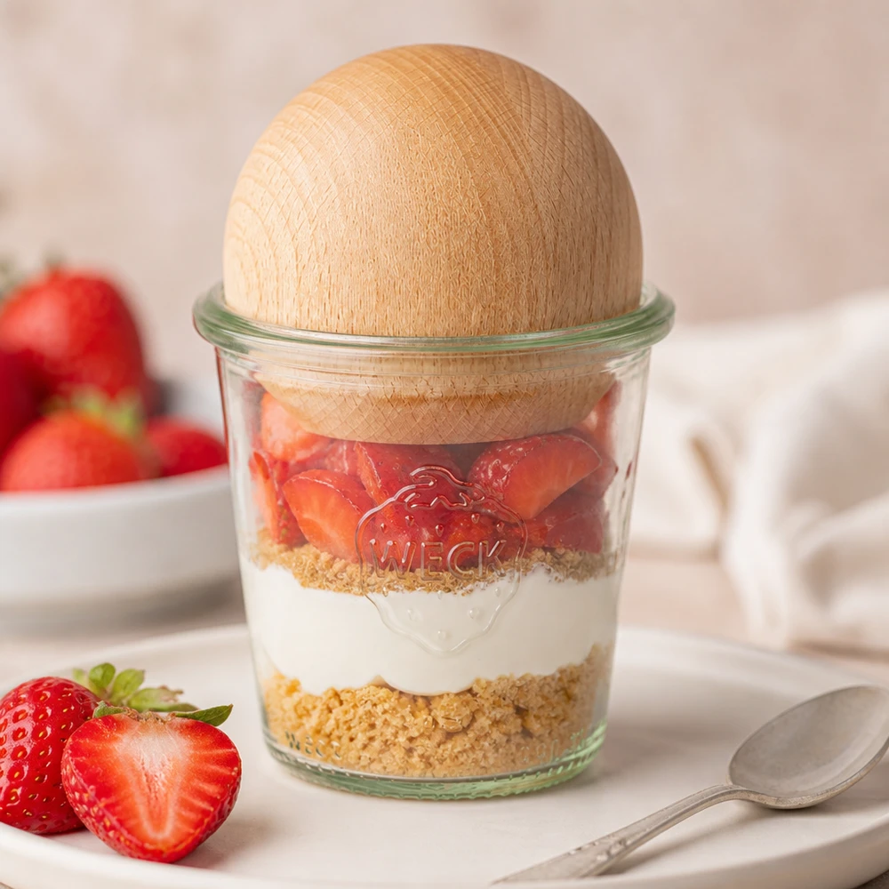Vasos altos de 290 ml WECK RR80 con bola de madera de haya WECK vasos 290ml RR80 tarro de postre con base de galleta de fresas y nata y tapón de bola de haya