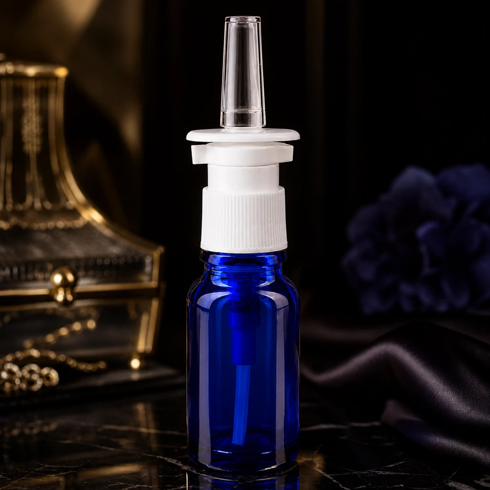 Frasco de spray nasal de 10 ml, de cristal de farmacia azul cobalto, con tapón de rosca blanco y boquilla transparente