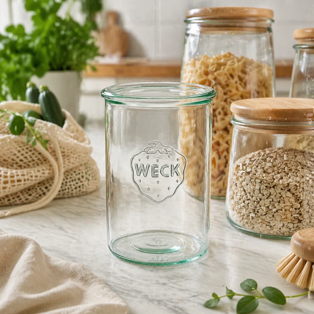 WECK 1000ml RR100 tarro de cristal con logo en cocina sostenible con tarros y alimentos ecológicos