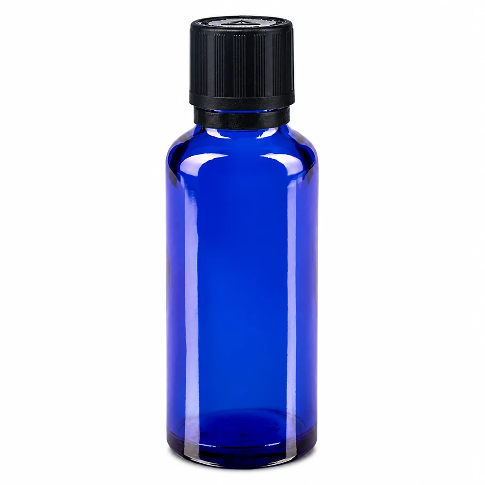 Frasco de farmacia de cristal azul de 30 ml con tapón de seguridad para niños negro y dosificador de gotas de 1 mm