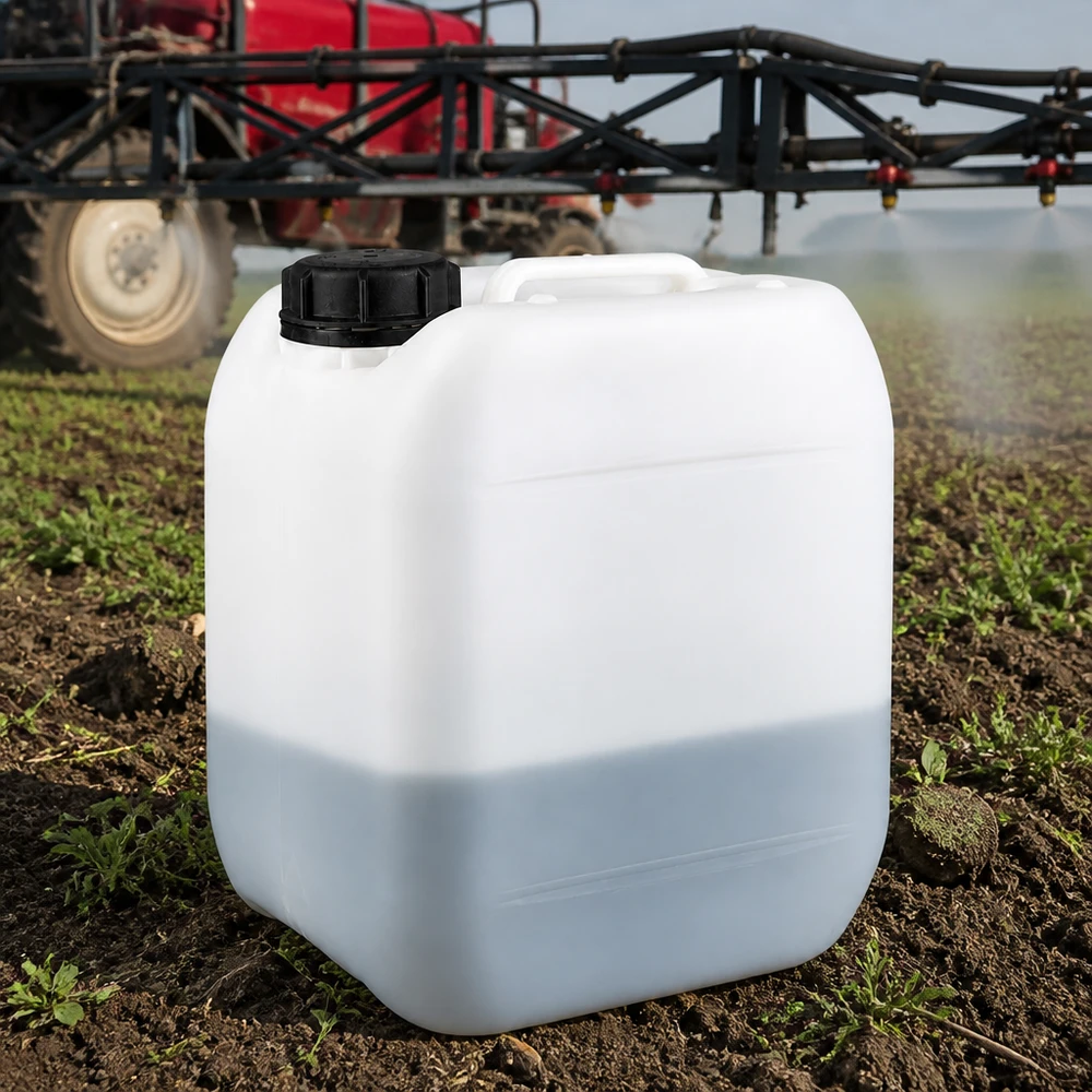 Bidón de plástico blanco de 5 litros con tapón de rosca, utilizado en el ámbito agrícola junto a un tractor