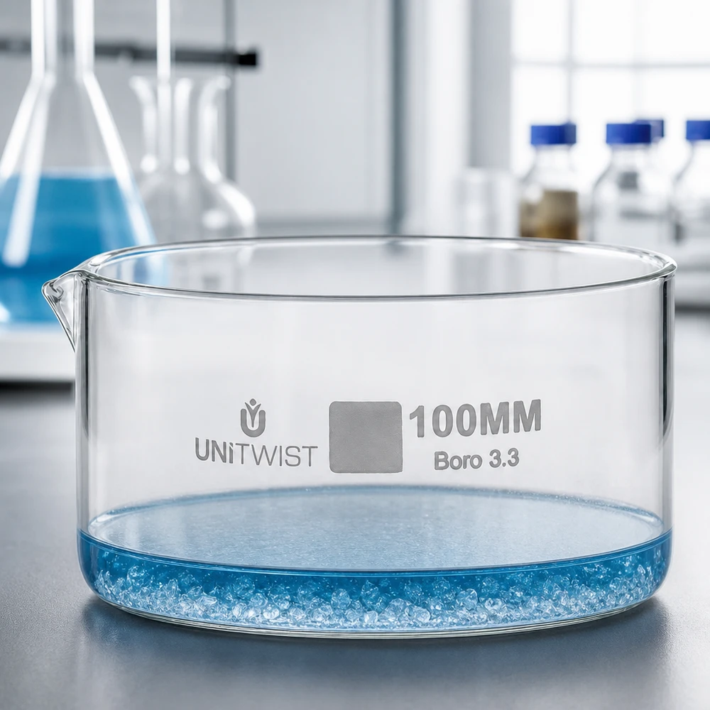 UNiTWIST, recipiente de cristalización de 100 mm, Boro 3.3, diseño plano, borde bajo, cristal de laboratorio transparente