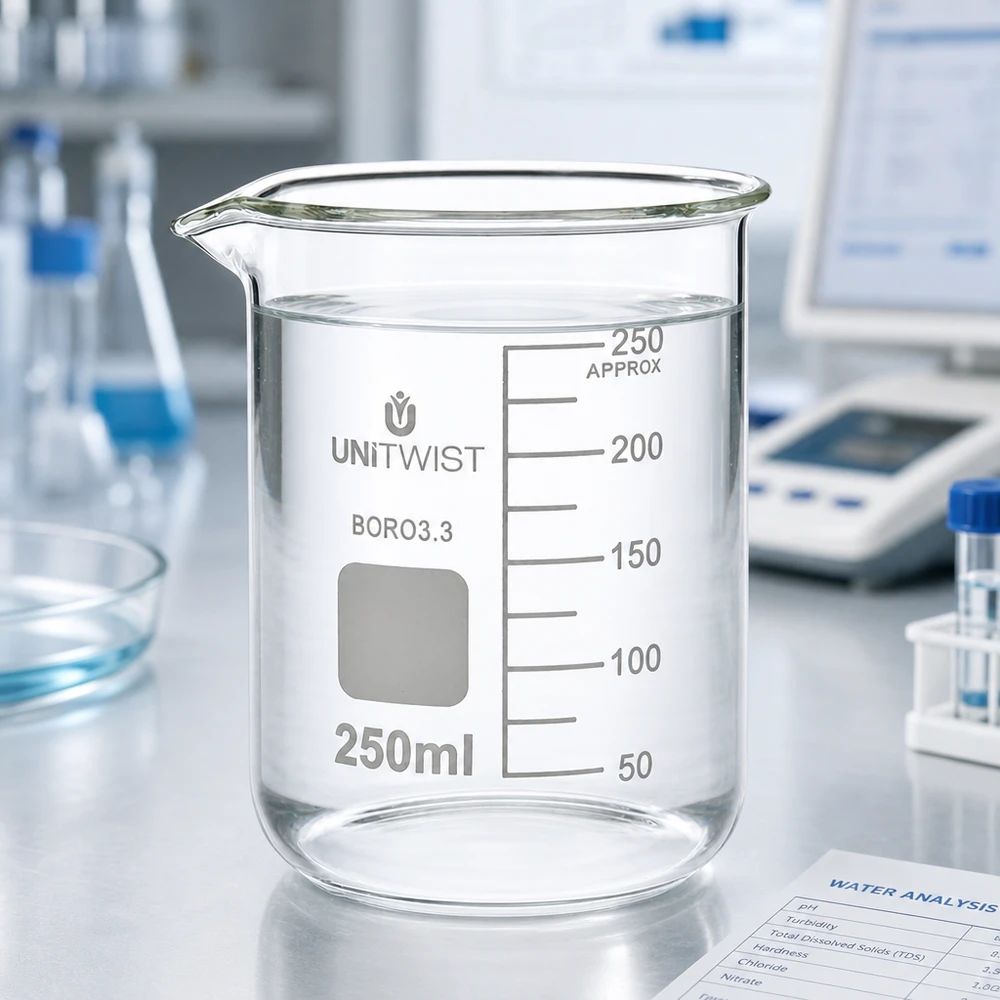 Vaso 250 ml borosilicato, molde bajo UNiTWIST Vaso de precipitados de 250 ml, de forma baja, sobre una balanza de laboratorio, con un documento de análisis de agua al fondo