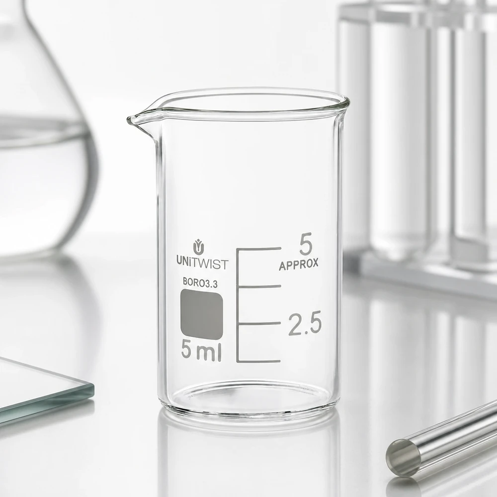 Vaso de precipitados transparente de 5 ml, de borosilicato 3.3, de perfil bajo, con graduación visible en mililitros