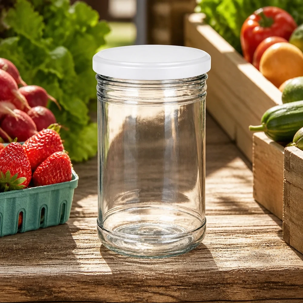 Tarro giratorio de 1053 ml vacío sobre mesa de madera con frutas y verduras frescas muestra el entorno de cocina ideal para preparar y almacenar comidas.