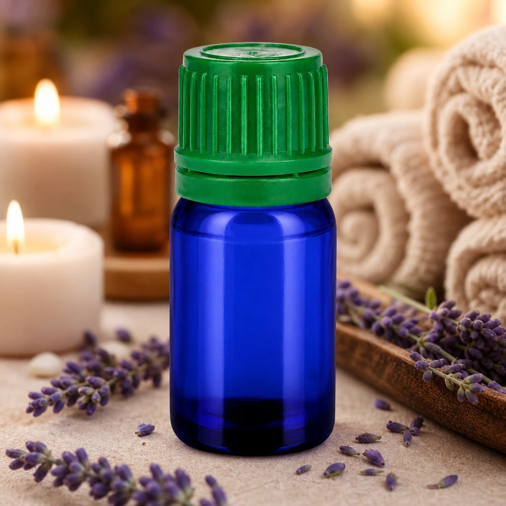 Frasco de 5 ml con tapón de rosca de 11 mm verde con precinto de seguridad BlueLine UT18/5 Botella de cristal BlueLine de 5 ml con tapón verde estriado para guardar los aceites de forma segura