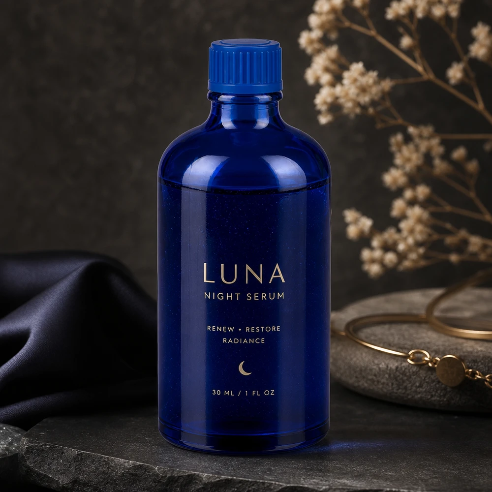 Frasco cosmético ligero de 100 ml de vidrio azul con protección UV para sueros y aceites