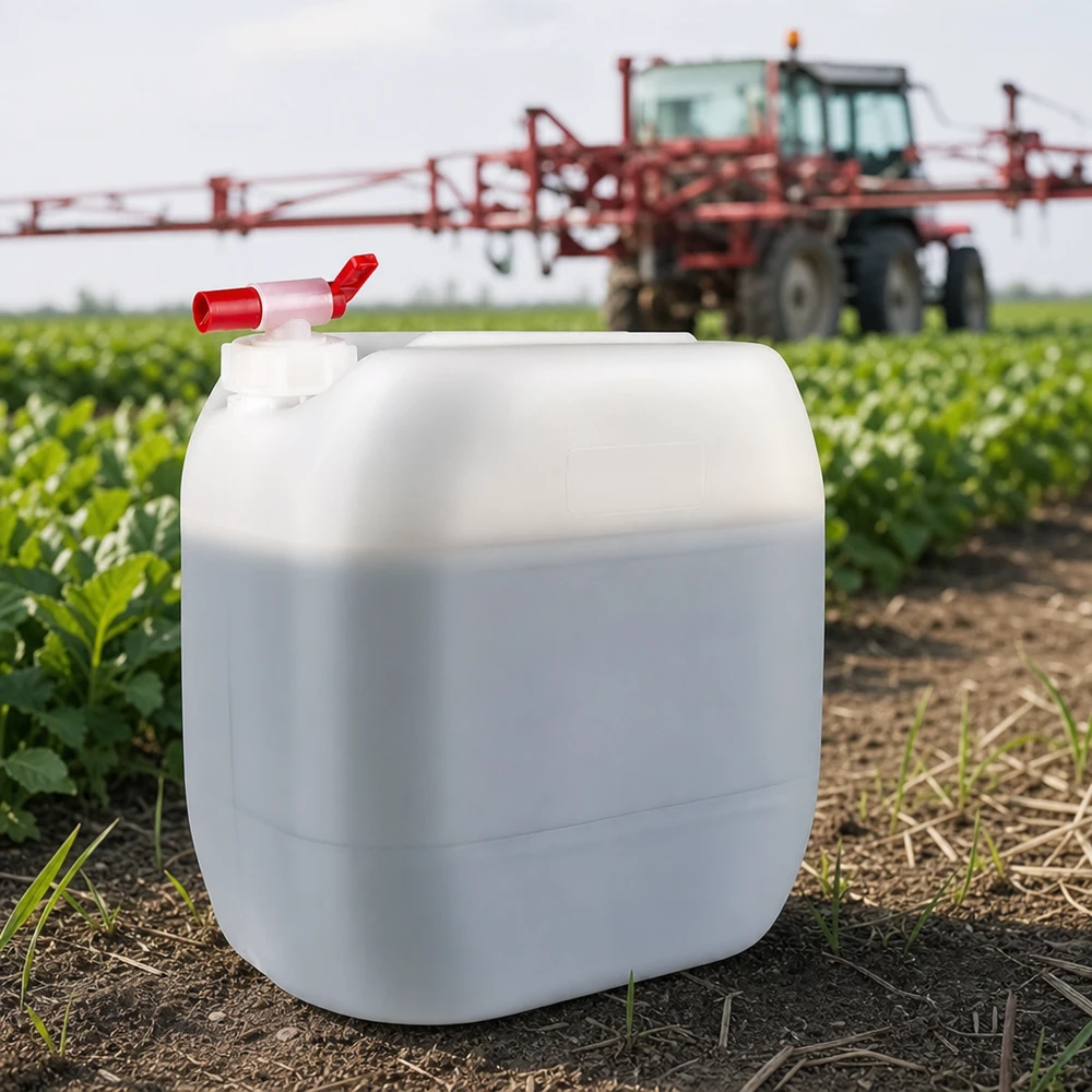 Bidón de 30 litros con grifo de vaciado Bidón de 30 litros con grifo de salida utilizado en el ámbito agrícola junto a un pulverizador agrícola