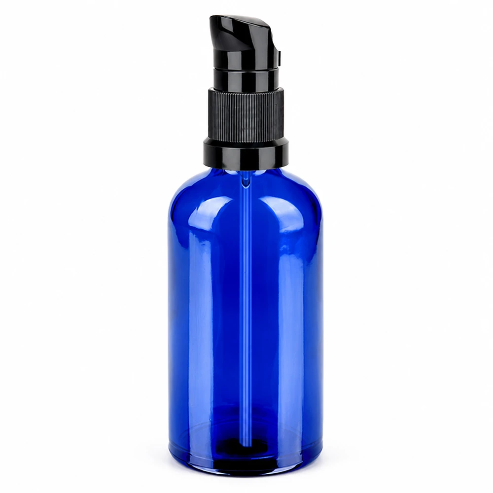 Frasco con bomba de 100 ml de vidrio azul con dosificador de bomba negro para cosméticos y productos de cuidado