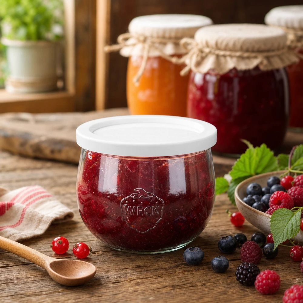Tarro tulipán de 580ml con tapa de frescura WECK RR100 WECK tarro tulipán 580ml RR100 lleno de mermelada de bayas en cocina rústica con fruta fresca y tarros de conserva
