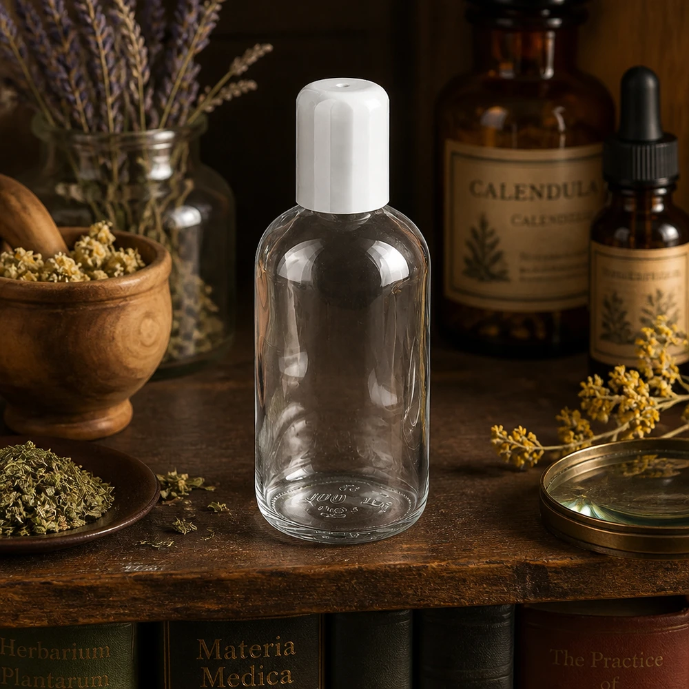 Frasco roll-on de 100 ml ClearLine UT18/100 blanco sobre una mesa de madera con hierbas y plantas medicinales