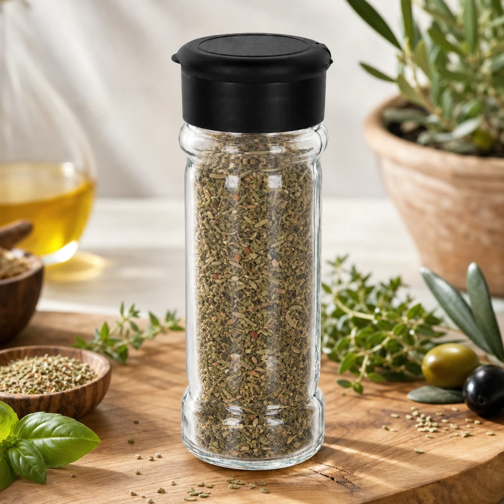 Frasco para sal y especias de 100 ml con dosificador, color negro Frasco de hierbas relleno de 100 ml con espolvoreador negro sobre una tabla de madera, junto a ramas de olivo frescas