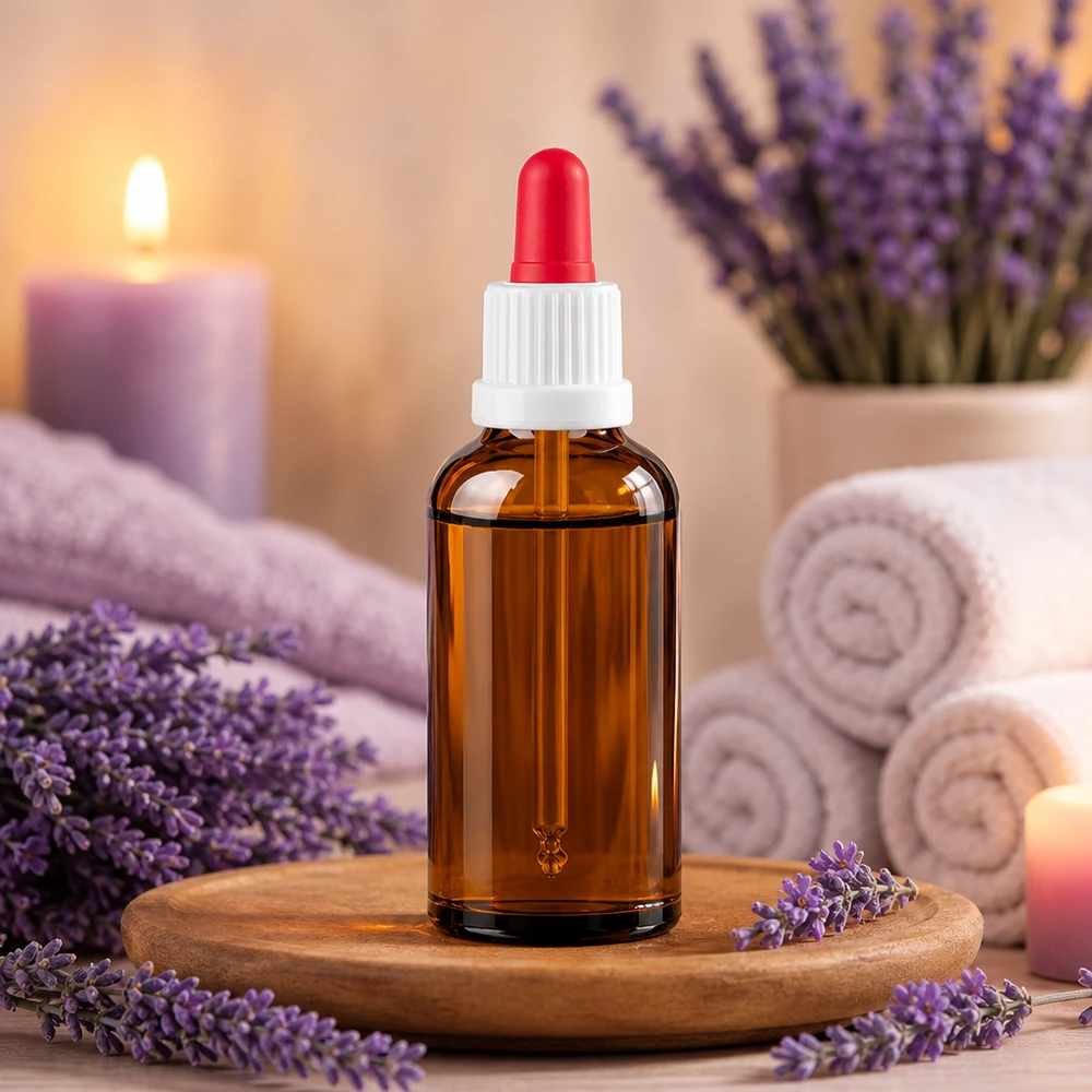 Frasco compacto de vidrio ámbar de 50 ml con tapón de pipeta para aplicaciones de aromaterapia