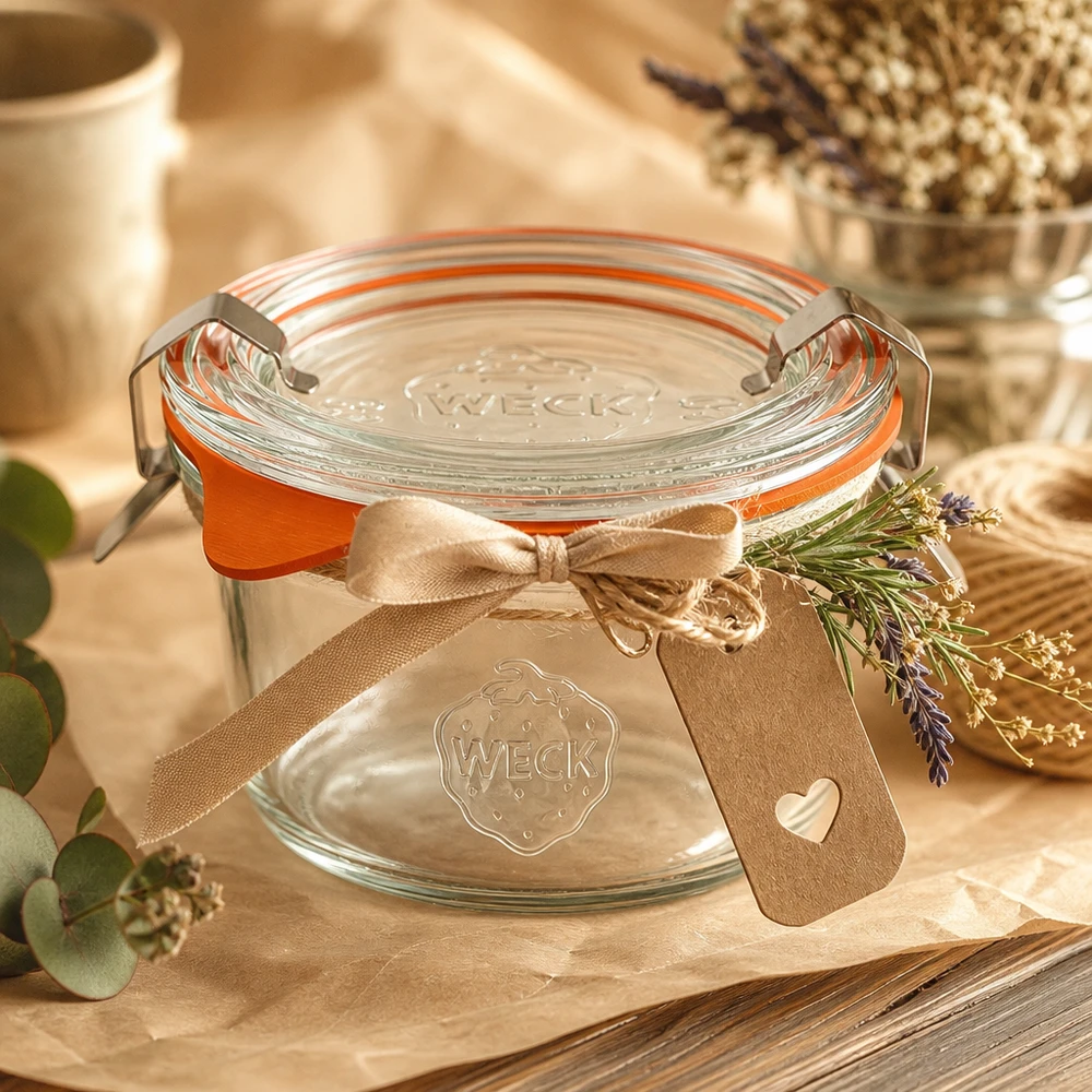 Vasos WECK RR60 de 50 ml dispuestos decorativamente con un lazo y lavanda como idea de regalo en una mesa rústica de madera