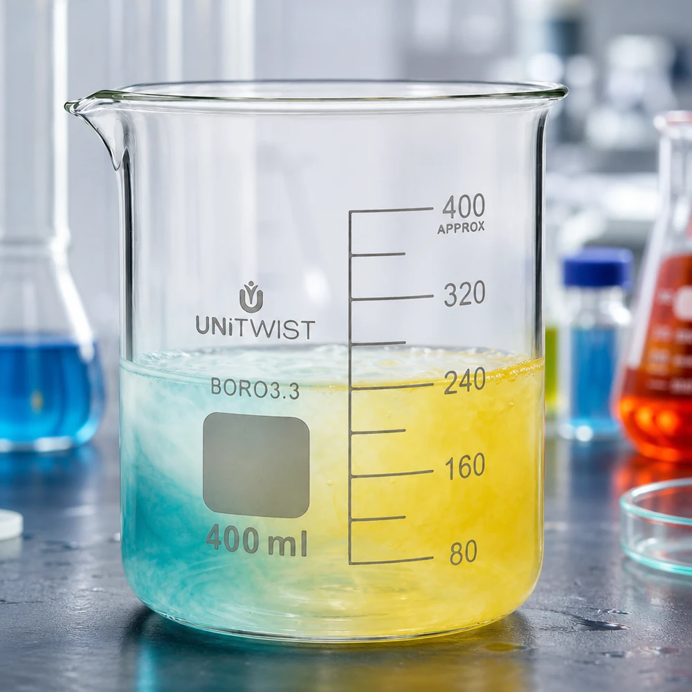 Vaso 400 ml borosilicato, molde bajo UNiTWIST Vaso de precipitados UNiTWIST de 400 ml de borosilicato con un líquido de colores azul y amarillo en el laboratorio