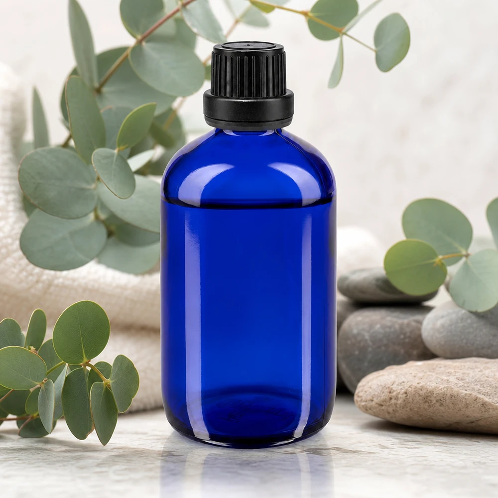 Botella de farmacia azul 100ml tapón de rosca negro cierre inviolable Frasco redondo azul de farmacia de 100 ml con tapón de rosca de plástico a prueba de niños