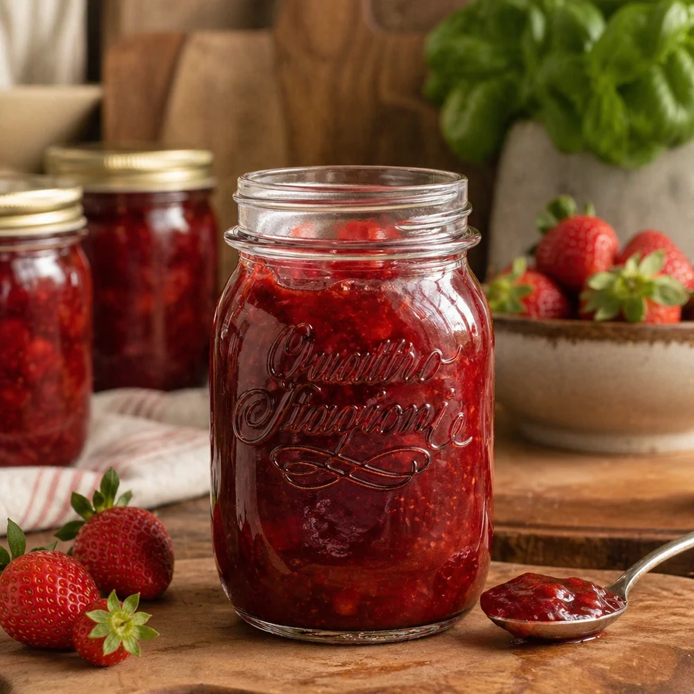 Tarro redondo de 500ml "Quattro Stagioni" QS70mm Tarro doméstico Quattro Stagioni de 500 ml lleno de mermelada de fresa sobre una mesa de madera con fresas frescas