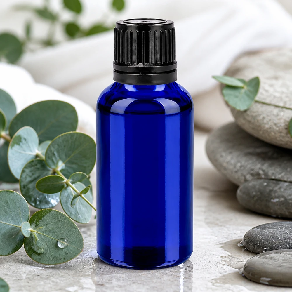 Frasco de vidrio de 30 ml de alta calidad en elegante azul cobalto con práctico tapón de rosca negro