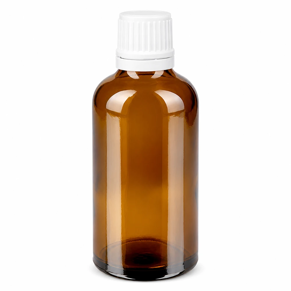 Frasco de farmacia de cristal marrón de 50 ml con tapón de rosca blanco y precinto de seguridad