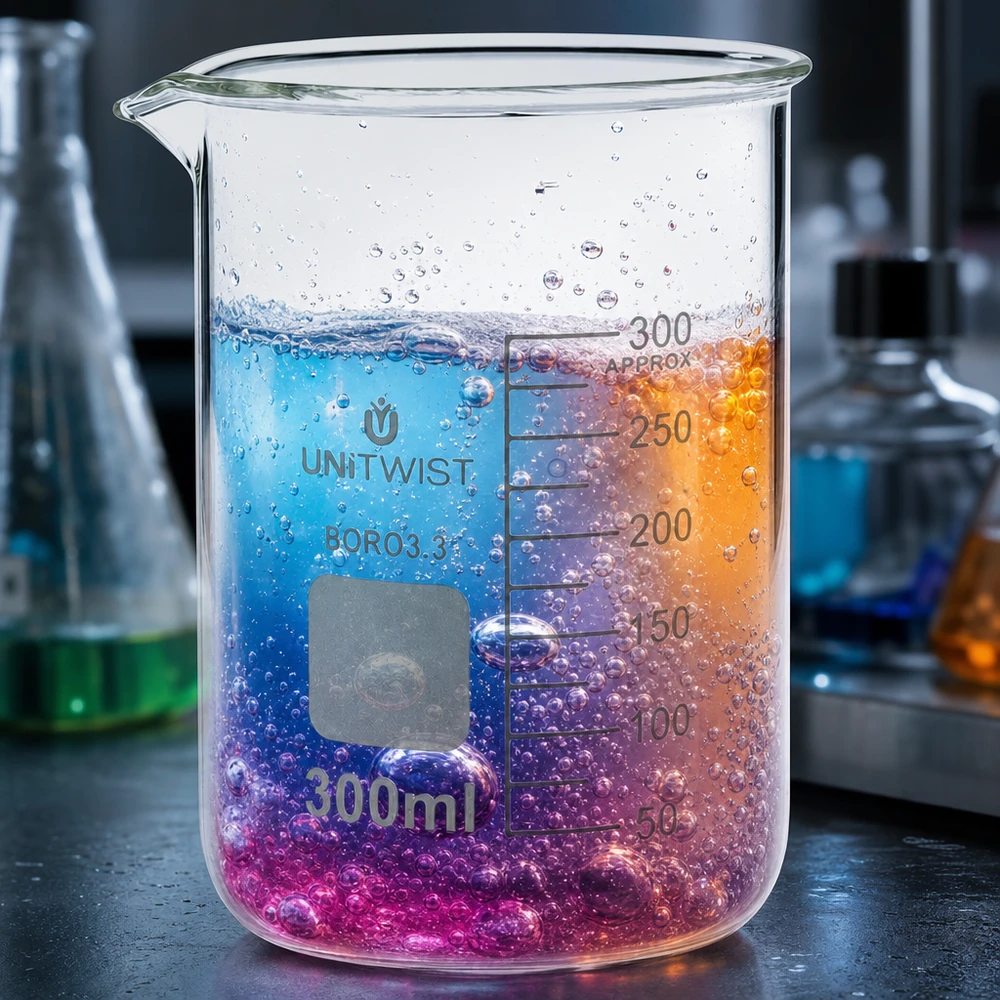 Vaso de vidrio UNiTWIST de 300 ml con un degradado de colores que va del rosa al violeta y al naranja en el laboratorio
