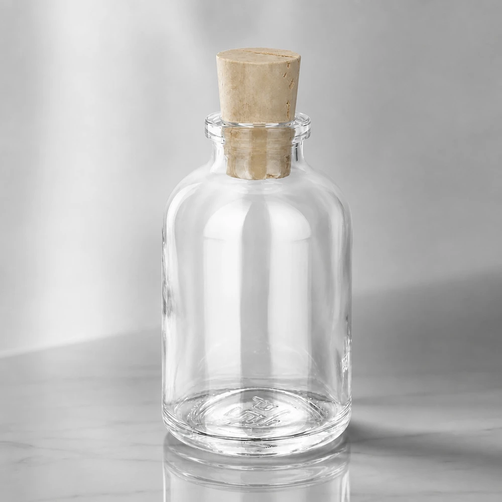 Botella de vidrio transparente 50ml con tapón 11/14mm Hochwertige Glasflasche 50ml mit luftdichtem Korken 11/14mm seitliche Ansicht