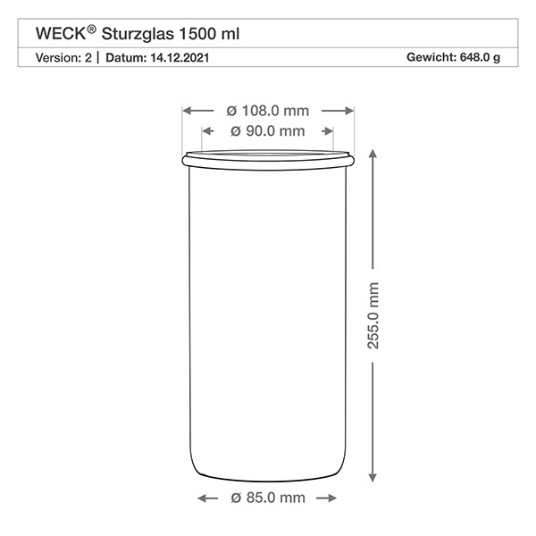 WECK vasos 1500ml RR100 dibujo técnico dimensiones dimensiones 108mm diámetro 255mm altura especificación