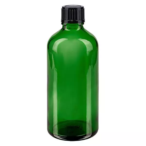 Botella de farmacia verde 100ml tapón cuentagotas 1mm negro estándar Botella de farmacia verde 100ml tapón cuentagotas 1mm negro estándar