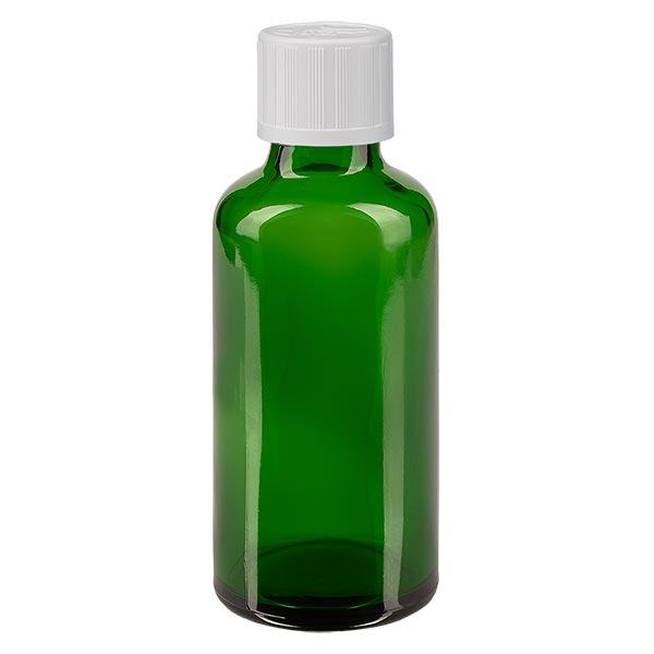 Botella de farmacia verde 50ml tapón cuentagotas blanco estándar a prueba de niños