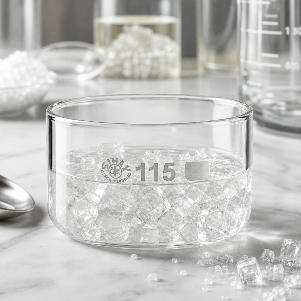 Cristalizador 500ml sin pico borosilicato ø115mm Cuenco de cristalización SIMAX de 500 ml, transparente, lleno de cristales incoloros sobre una base de mármol