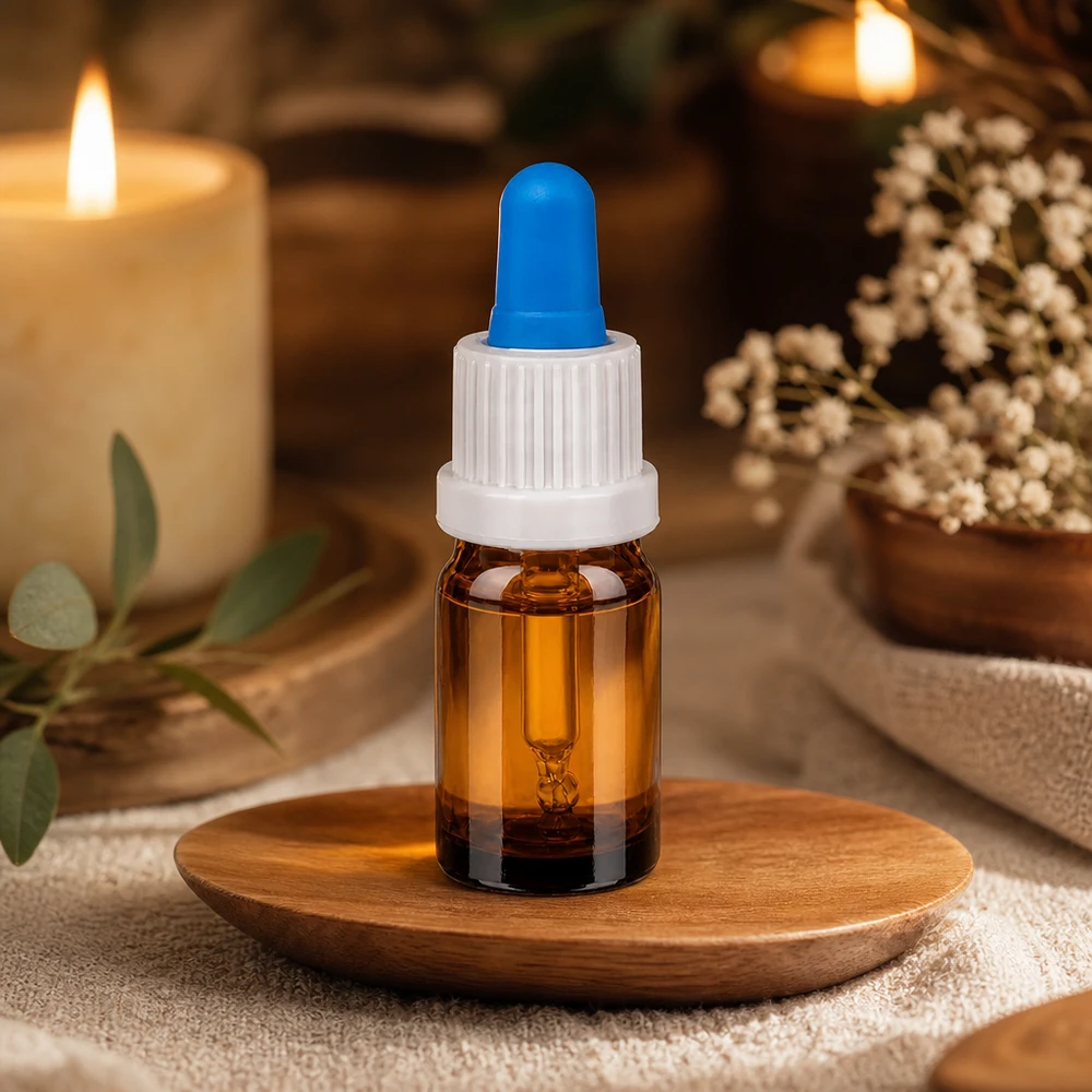 Frasco pipeta 5ml blanco/azul cierre inviolable BrownLine UT18/5 Elegante frasco pipeta de 5 ml en cálido vidrio ámbar con elegante tapón de rosca blanco y cuentagotas azul