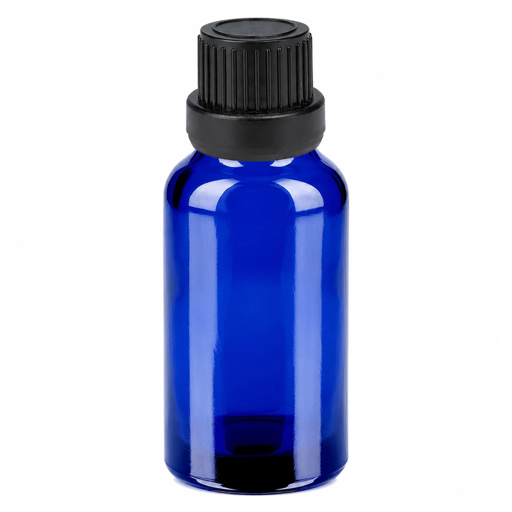 Botella 20ml 11mm tapón rosca negro cierre inviolable BlueLine UT18/20 Frasco de vidrio azul de 20 ml con tapón de rosca negro para aceites esenciales y cosméticos