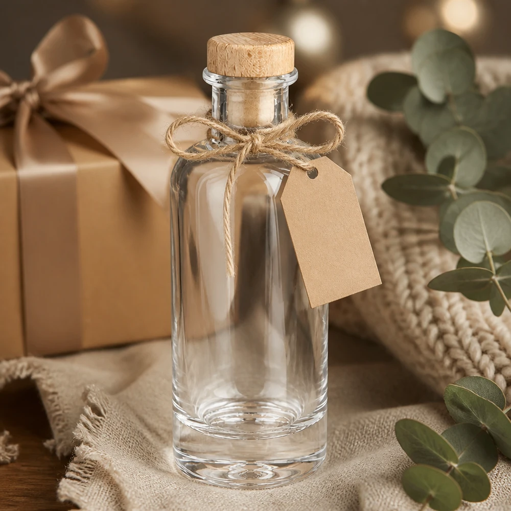 Botella de vidrio de 200 ml «Ella» con tapón de corcho con asa de madera UNiTWIST® 200ml Glasflasche Ella leer mit Holzkorken und Geschenkanhänger dekorativ arrangiert mit Eukalyptus und Geschenkbox