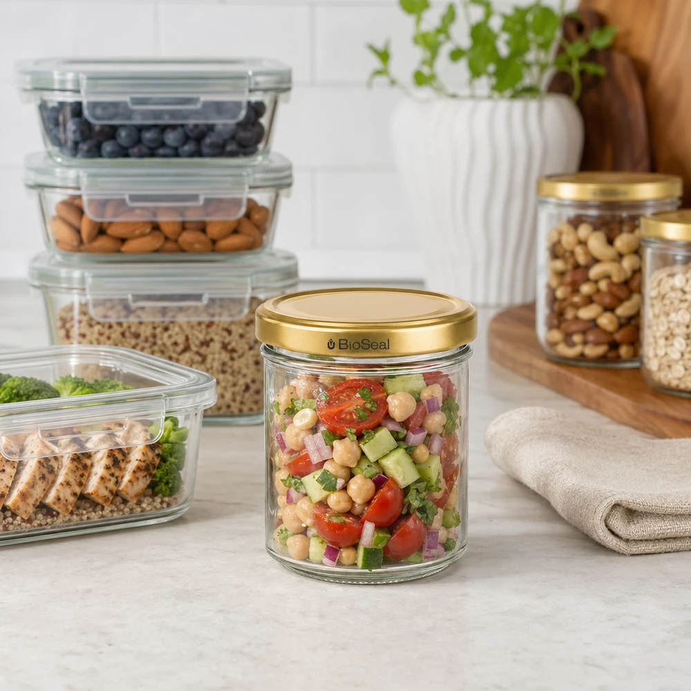 Tarro BioSeal de 200 g con tapa dorada lleno de ensalada de garbanzos en la cocina organizada con recipientes de almacenamiento