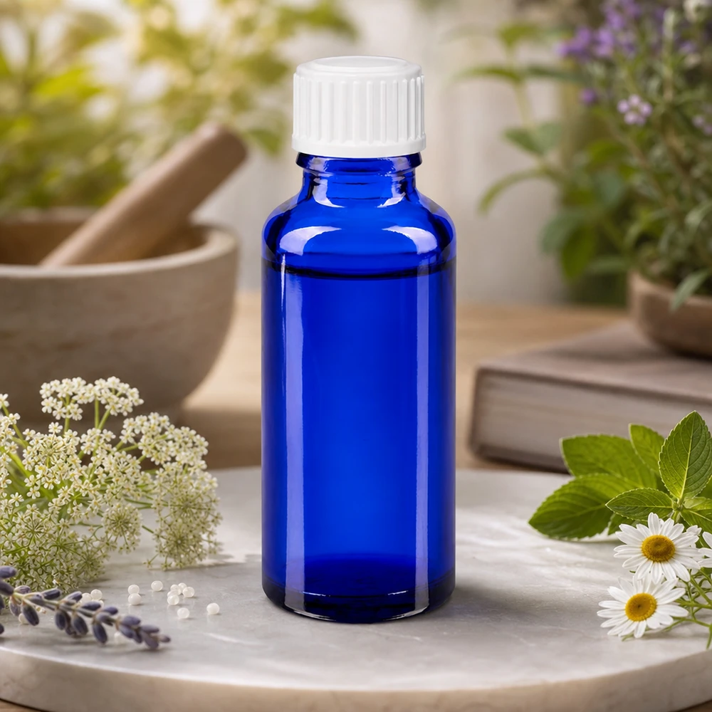 Pequeño frasco azul de farmacia de 30 ml con tapón blanco estándar, entre plantas medicinales