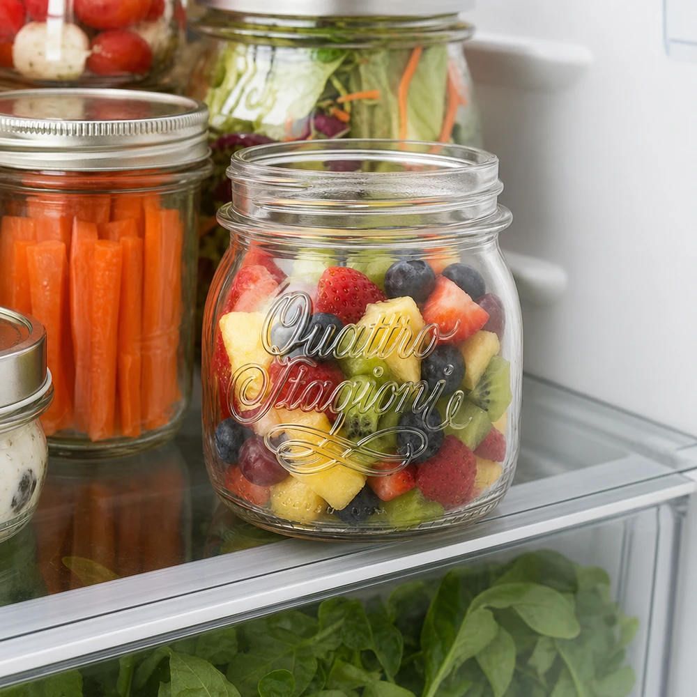 Vaso redondo de 250ml "Quattro Stagioni" QS70mm 250ml Quattro Stagioni Einmachglas mit buntem Obstsalat im Kühlschrank - perfekt für Meal Prep und Vorratshaltung