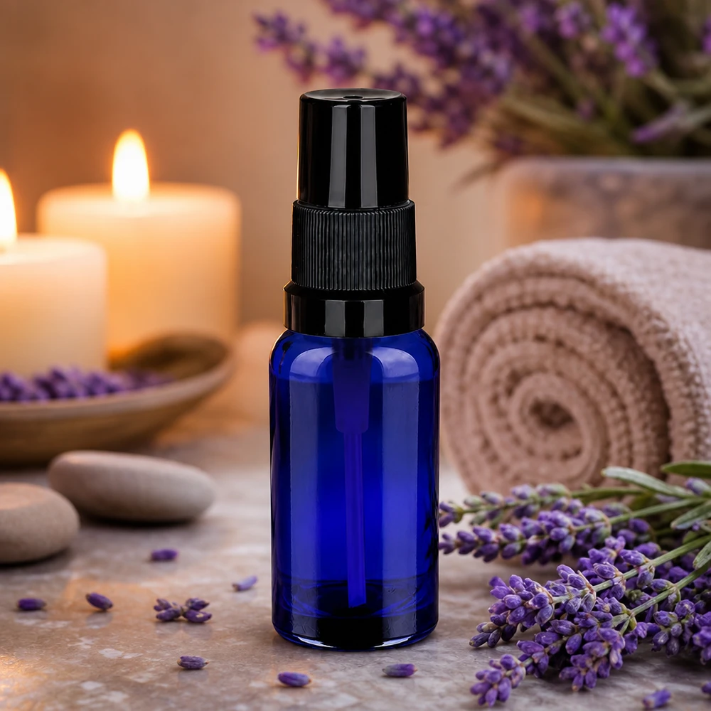 Elegante frasco pulverizador de cristal azul de 20 ml con accesorio pulverizador negro para aceites esenciales y cosméticos