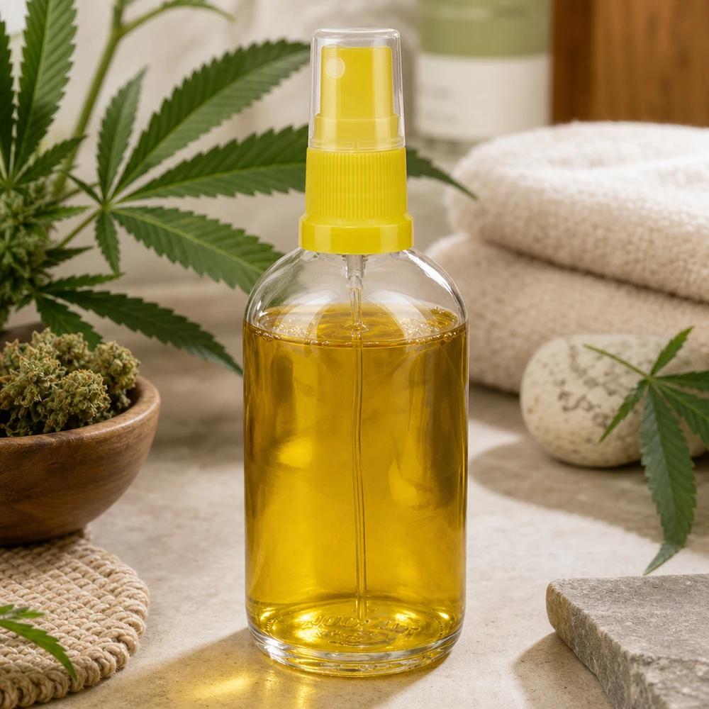 Botella pulverizadora amarilla ClearLine UT18 de 100 ml, llena de aceite de cannabis, sobre piedra natural