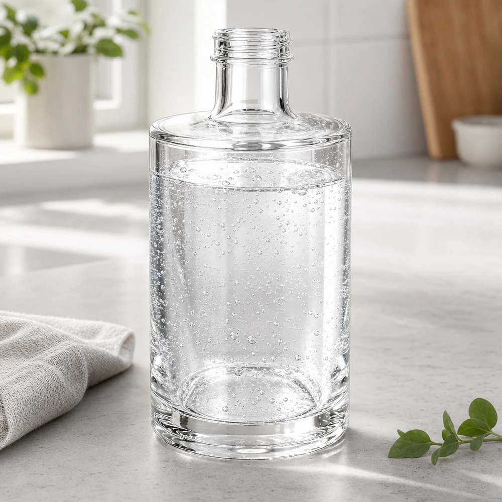 Botella de cristal de 375 ml de Sam llena de agua con gas sobre una encimera de cocina de color claro con paño de cocina y planta