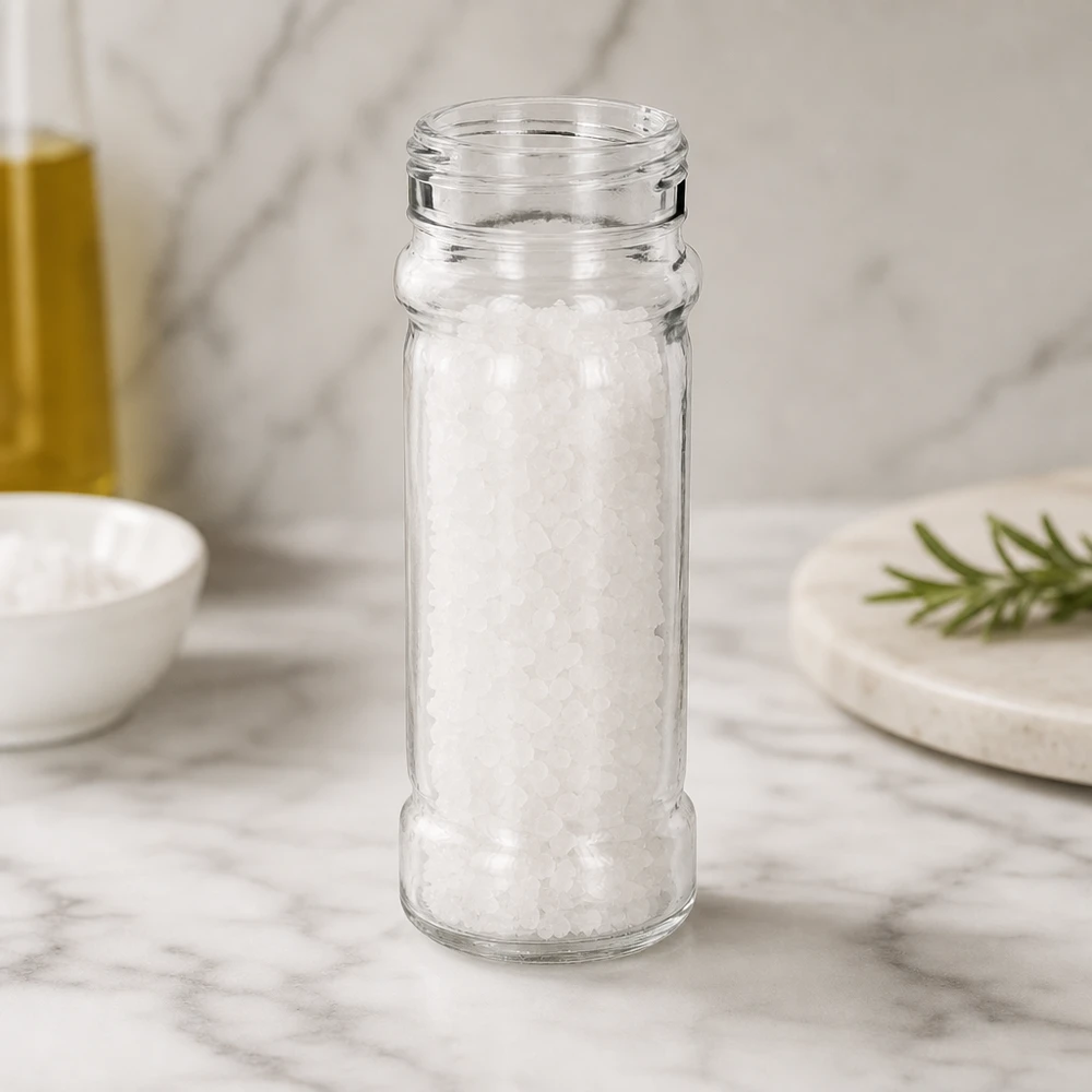 Tarro de sal y especias Mary 100ml, rosca 41mm cristal transparente Vaso de sal «Mary» de 100 ml, lleno de sal marina gruesa, sobre una bandeja de mármol blanco