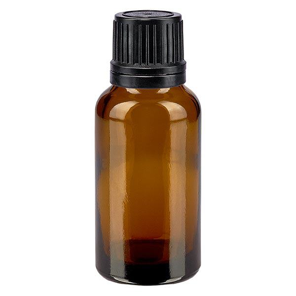 Botella de farmacia marrón 20ml tapón cuentagotas anillo vertedor 1mm tapón inviolable negro