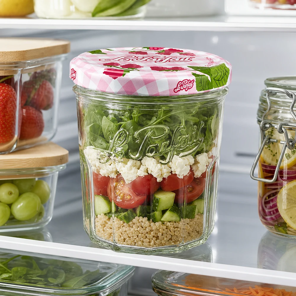 Los vasos Le Parfait de 324 ml con ensalada en capas en la nevera muestran el uso práctico del tarro para preparar comidas