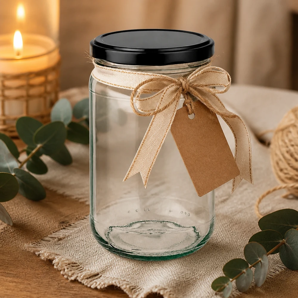 Vaso redondo UNiTWIST de 305 ml con tapa negra decorativo con lazo y colgante en un ambiente acogedor