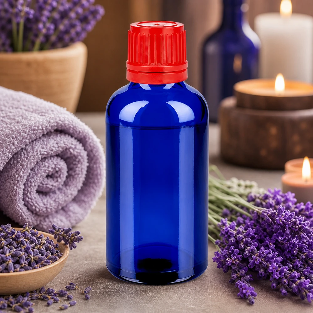 Frasco aromaterapia 50ml azul rojo SV 11mm OV BlueLine UT18/50 para aceites esenciales