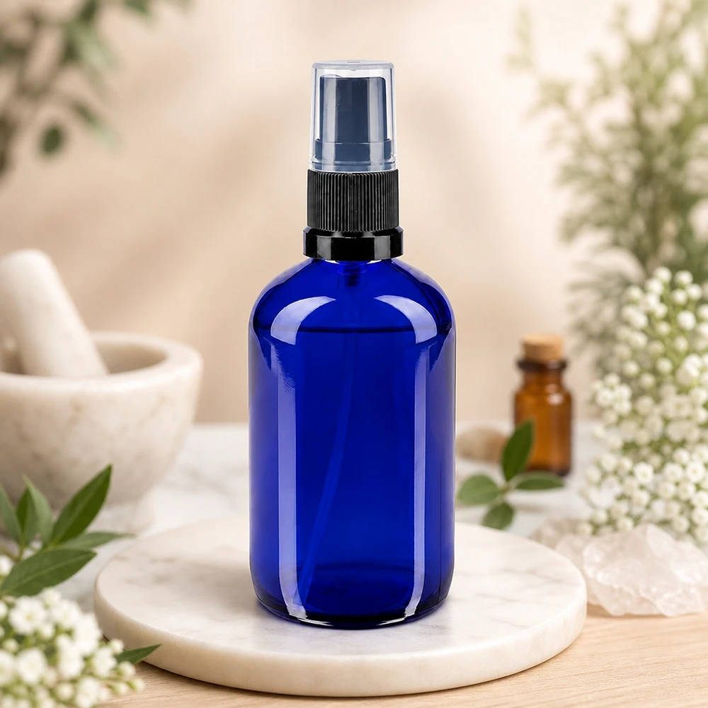 Botella pulverizadora azul de 100 ml de cristal de farmacia con pulverizador negro sobre una bandeja de mármol