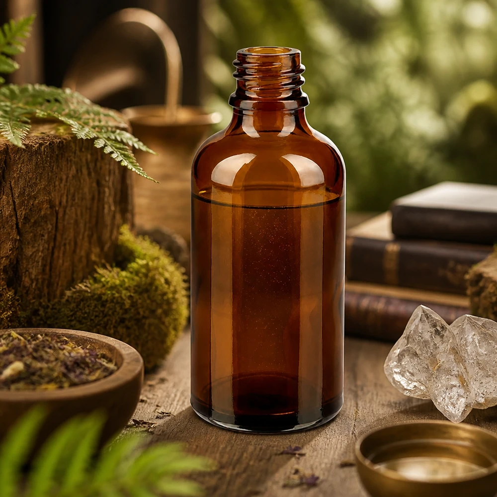 Frasco cuentagotas 50 ml DIN 18 de vidrio ámbar Frasco de farmacia ApoGlas marrón de 50 ml con extracto de hierbas naturales entre cristales de musgo y libros antiguos